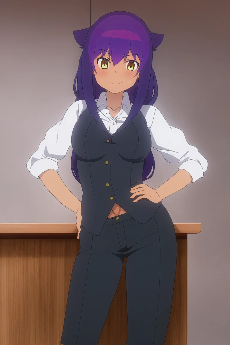 <lora:Jahy_Final:1>, masterpiece,best quality,1girl,solo, jahy_mature,medium breasts,business outfit,hand on hips,,nice hand,good hand,bar