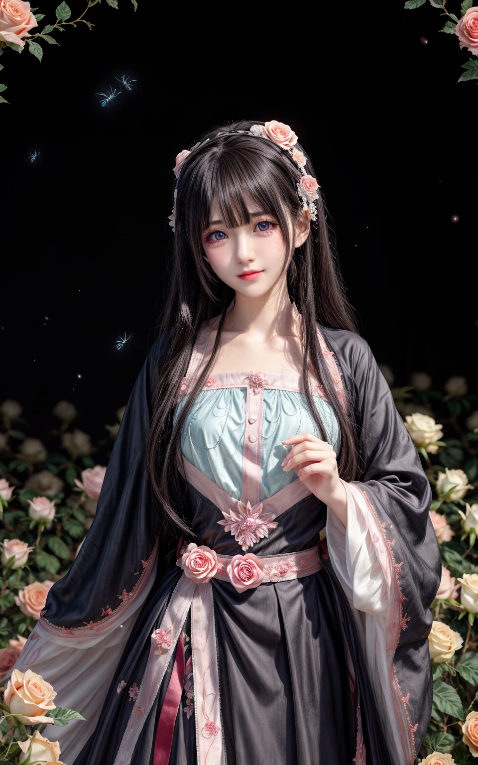 watery eyes, delicate detailed eyes, (card capture sakura:0.3), long hair, black hair mange style, <lora:MoXin:0.3>, long sleeve, flower headband, roses background, shoujo manga style, 4k, 8k, round eyes, round pupil, happy, colourful, fantasy magical, complex hair detail, happy, texture on clothings, fireflies, 1girl
