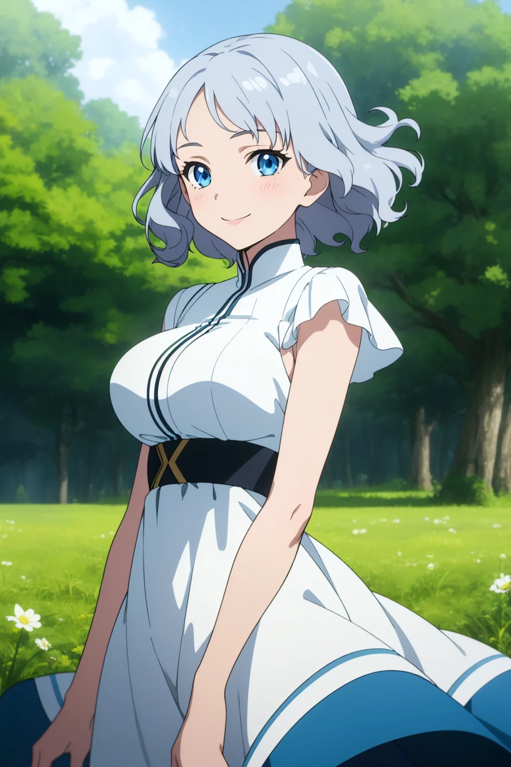 (masterpiece, best quality,) anime screencap, 1girl,
short hair, blue eyes, silver hair, wavy hair, braid, dress, large breasts, smile,
depth of field, forest, field, wind, swirl,