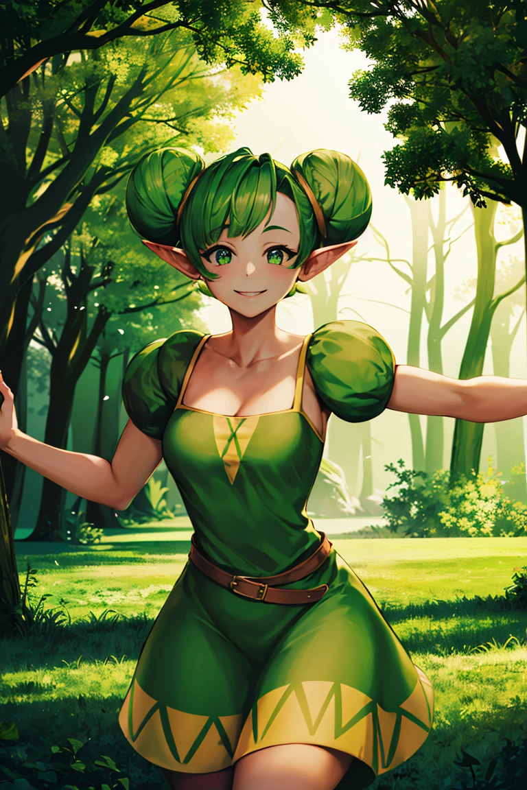 ((masterpiece,best quality)), absurdres, <lora:Farore_Zelda:0.9>, Farore_Zelda, solo, double bun, green dress, smiling, looking at viewer, forest, cowboy shot, cinematic composition, dynamic pose,