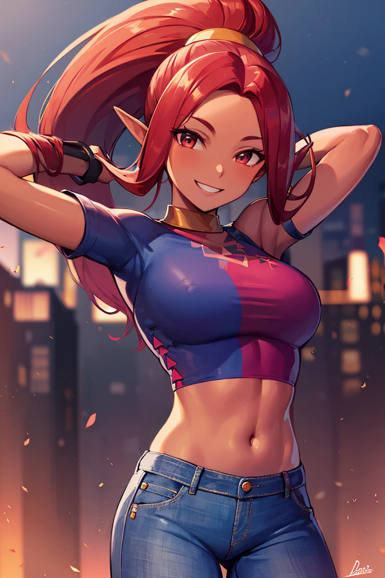 ((masterpiece,best quality)), absurdres, <lora:Din_Zelda:0.7>, Din_Zelda, solo, dark skin, red hair, (red croptop), demin jeans, smiling, looking at viewer, cowboy shot, modern city, cinematic composition, dynamic pose