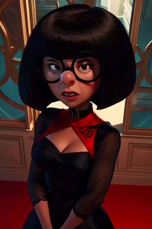 Edna, black bob cut,round black-framed eyewear,black eyes,blunt bangs, solo,  
upper body,   standing,  cleavage,  from above,  black dress with red collar,  
large mansion,  windows,  
 (insanely detailed, beautiful detailed face, masterpiece, best quality) cinematic lighting, 
 <lora:Edna:0.8>