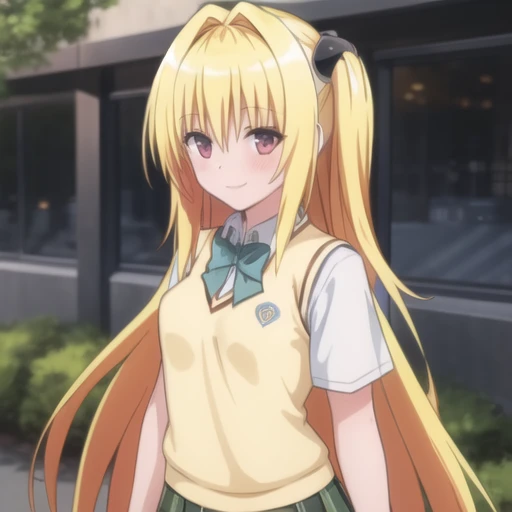 (masterpiece, best quality:1.2),illustration,8k,hd,cowboy shot,1girl,solo,long_hair,upper body,facing viewer,smile,(portrait:1.2),breasts,blonde_hair,shirt,red_eyes,bow,school_uniform,white_shirt,short_sleeves,bowtie,hair_intakes,sweater_vest,yellow_vest,skirt,very_long_hair,pleated_skirt,shoes,socks,kneehighs,thigh_strap,plaid_skirt,green_skirt,hair_ornament,<lora:Eve-V1:0.7>,