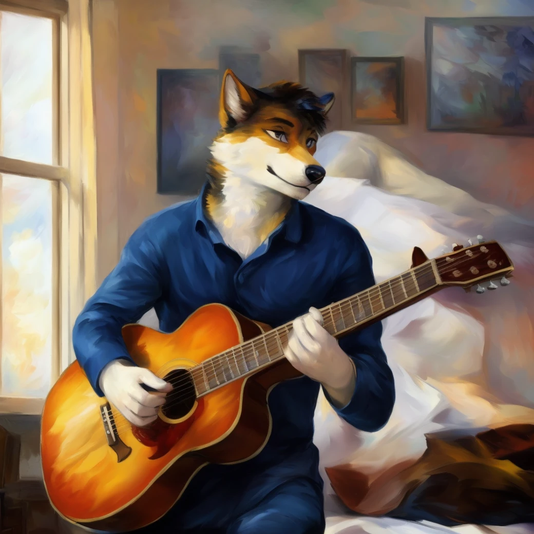 male wolf playing guitar in a bedroom, by Leonid Afremov, by vangogh, global illumination, highly detailed, 4k, best quality, masterpirce