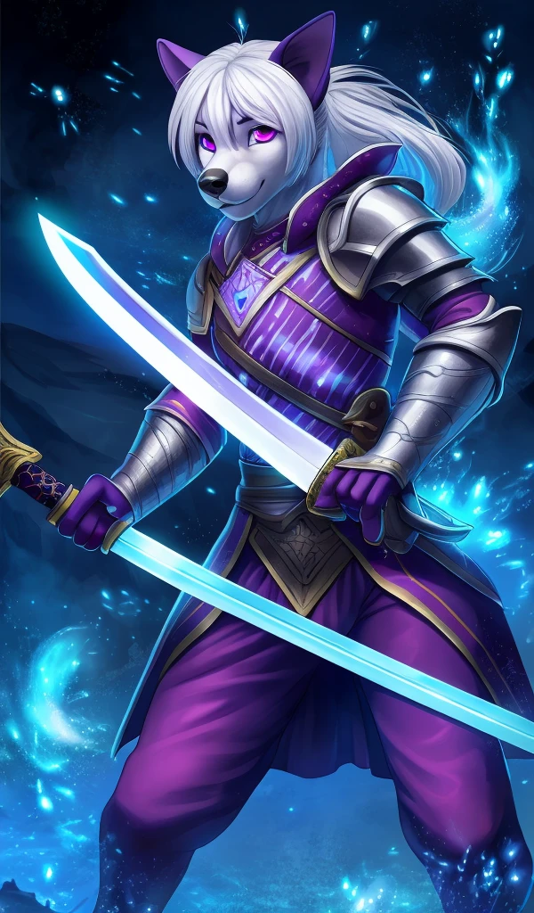 colorful, domestic dog, white hair, purple eyes, holding sword, blue flames, glow, glowing weapon, light particles