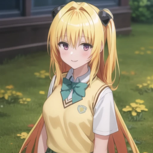 (masterpiece, best quality:1.2),illustration,8k,hd,cowboy shot,1girl,solo,long_hair,upper body,facing viewer,smile,(portrait:1.2),breasts,blonde_hair,shirt,red_eyes,bow,school_uniform,white_shirt,short_sleeves,bowtie,hair_intakes,sweater_vest,yellow_vest,skirt,very_long_hair,pleated_skirt,shoes,socks,kneehighs,thigh_strap,plaid_skirt,green_skirt,hair_ornament,<lora:Eve-V1:0.7>,