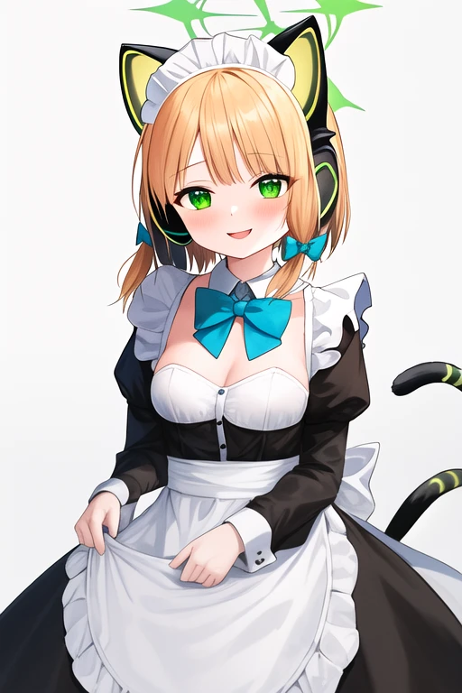 masterpiece, best quality, highres, solo, {midori_bluearchive:1.10}, animal_ears, headphones, blonde_hair, fake_animal_ears, animal_ear_headphones, green_eyes, bow, cat_ear_headphones, halo, bangs, blush, hair_bow, short_hair, tail, breasts, small_breasts, 1girl, alternate_costume, apron, looking_at_viewer, maid, maid_headdress, cat_tail, dress, long_sleeves, bowtie, cat_ears, maid_apron, simple_background, black_dress, blue_bow, blue_bowtie, enmaided, white_background, holding, open_mouth, sidelocks, smile