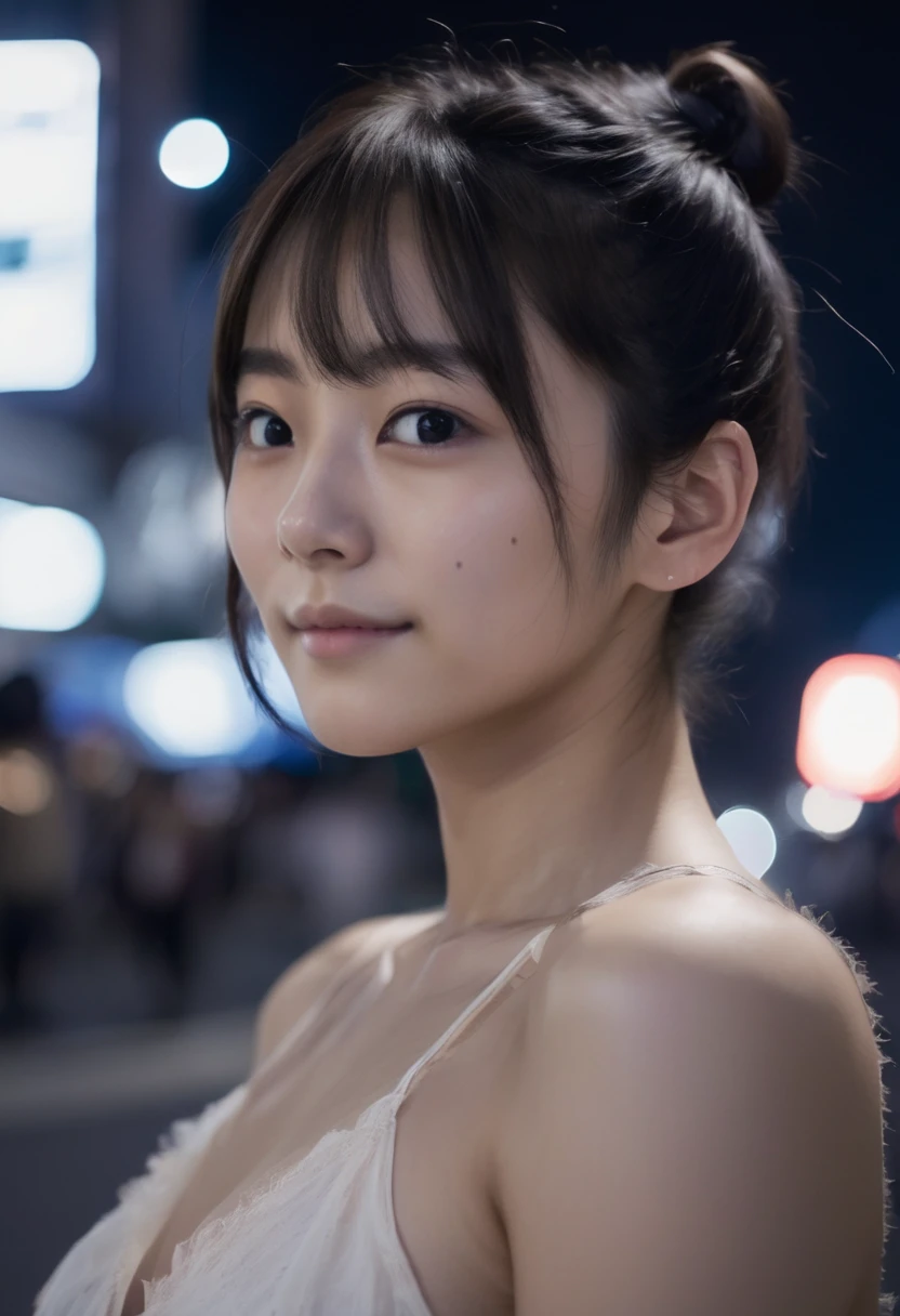 jpn-girl, Professional portrait photography of the face of a beautiful girl with (glossy nude lips) with black eyes, Nikon Z9, looking at the camera, realistic matte skin, highly detailed, skin texture visible,
18 yo, bun hair ,
woman wearing dress,blurry background, in shibuya night view,
<lora:jpn-girl_v1:0.75>