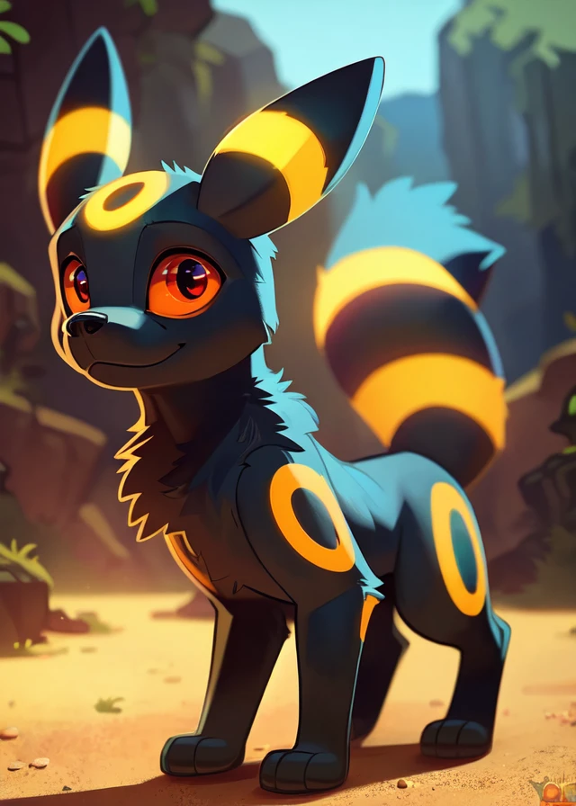 <lora:Y1-Furry-Eeveelution:0.75>,
uploaded on e621, ((by Yookie, by Anton Fadeev, by Tomer Hanuka)),
solo chibi (quadruped feral:1.4) ((Umbreon)) with ((grey black body)) and ((clear orange red eyes)),
(detailed Umbreon), ((detailed fluffy fur)),
(three-quarter portrait, looking at viewer, three-quarter view, [low-angle view]:1.2),
BREAK,
(detailed background, depth of field, half body shadow, sunlight, ambient light on the body),
(intricate:0.7), (high detail:1.2), (unreal engine:1.3), (soft focus:1.1),
[explicit content, questionable content], (masterpiece, best quality, 4k, 2k, shaded, absurd res)