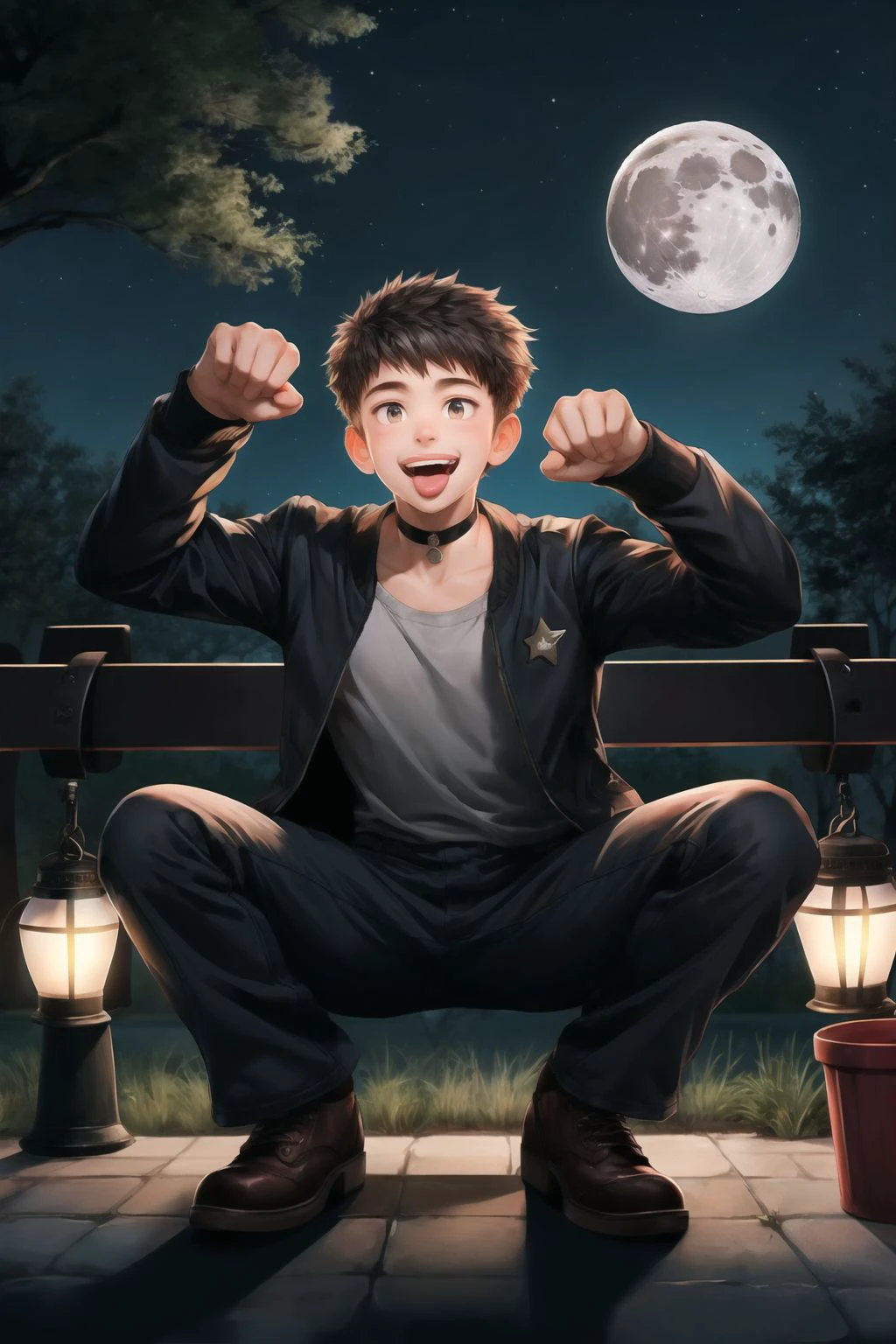 male focus, highres,night, moon, park, trash can, lantern, park bench, star \(sky\),
BREAK, 1boy, solo, squatting, spread legs, choker, paw pose, smile, open mouth, tongue out