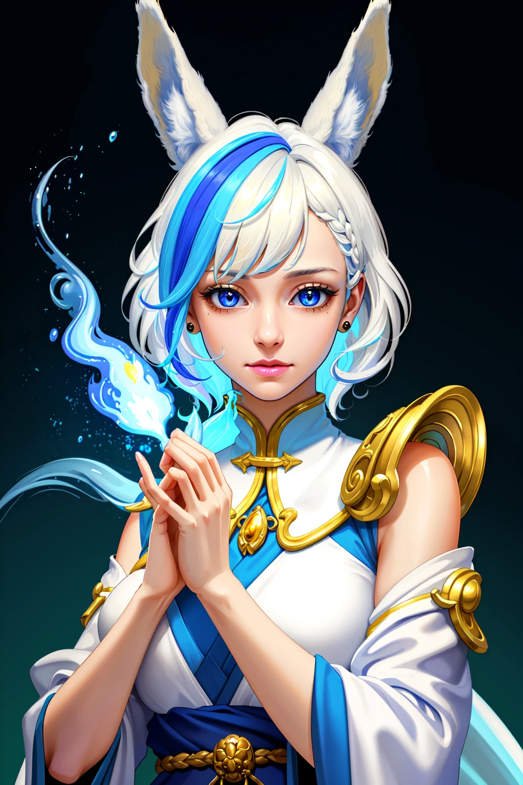 (masterpiece, best quality, ultra-detailed, highres, best illustration, realistic, skindentation, specular highlights),perfect face, ((solo, solo focus)),sidelighting,, epic, illustration, render, volumetric lighting, welcoming, see-through gossamer, in Japan,lustrous skin,(bloom), (shine), ray tracing,masterpiece, best quality, 1boy, male focus, solo, blue hair, multicolored hair, rabbit ears, two-tone hair, mole, white hair, chinese clothes, upper body, brown eyes, orange eyes, hand on own chin, looking at viewer,depth_of_field,very detailed background,extreme light and shadow,(detailed eyes), (beautiful) beautiful detailed eyes, perfect lighting , perfect anatomy,(extremely detailed illustrated 8k wallpaper),(masterpiece), (best quality), (ultra-detailed), (best illustration),(best shadow), (fantasy:1.4) , vivid colors,
