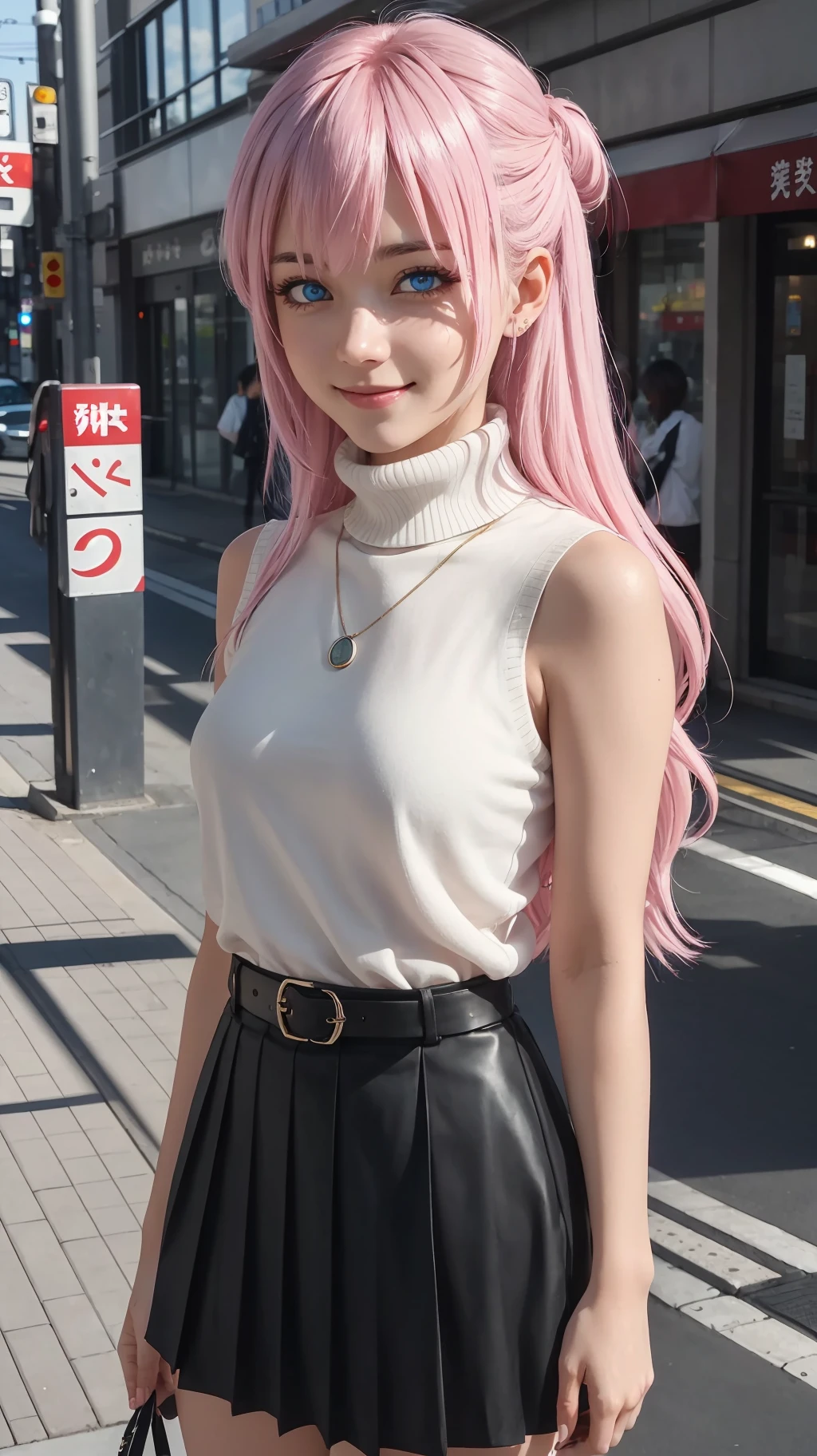(best quality:1.1), (masterpiece:1.2), high quality shadow, beautiful detailed, (high detailed skin, skin details), (wide landscape, 8k), beautiful face, detailed eyes, depth of field, dramatic light, best quality, highres, best shadow, best illumination, shikimorisan, 1girl, pink hair, long hair, blue eyes, hair between eyes, bangs, breasts, smile, sweater, turtleneck sweater, sleeveless, necklace, skirt, pleated skirt, black skirt, black belt, outdoors, tokyo, street, <lora:shikimorisanv3:0.7>
