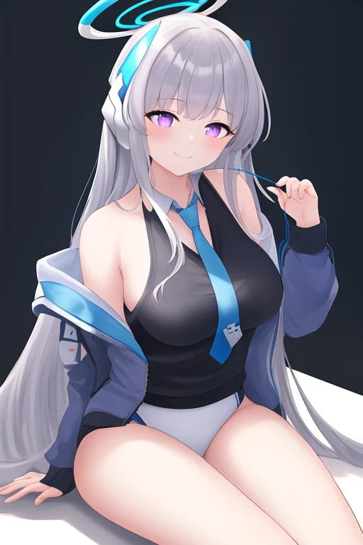 masterpiece, best quality, highres, solo, {noa_bluearchive:1.10}, halo, long_hair, purple_eyes, bangs, smile, grey_hair, mechanical_halo, breasts, necktie, blue_necktie, suit, very_long_hair, formal, blush, white_suit, white_hair, headphones, large_breasts, 1girl, blue_jacket, jacket, looking_at_viewer, shirt, track_jacket, black_shirt, buruma, gym_uniform, long_sleeves, simple_background, white_background, closed_mouth, alternate_costume, off_shoulder, sidelocks, sitting, thighs