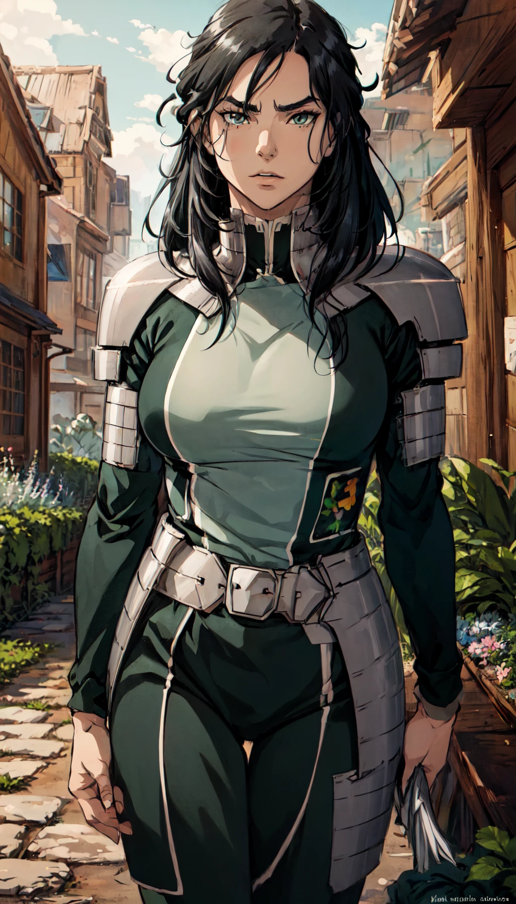 (upper-body shot, masterpiece, best_quality, ultra-detailed, immaculate:1.3), epic, illustration,
BREAK
<lora:KuvTLOK_Cosine-000022:0.9> KuvTLOK, messy_hair, serious expression, posing for photo, medium breasts, green uniform, metal armor, green pants,
<lora:more_details:0.5>
BREAK
garden