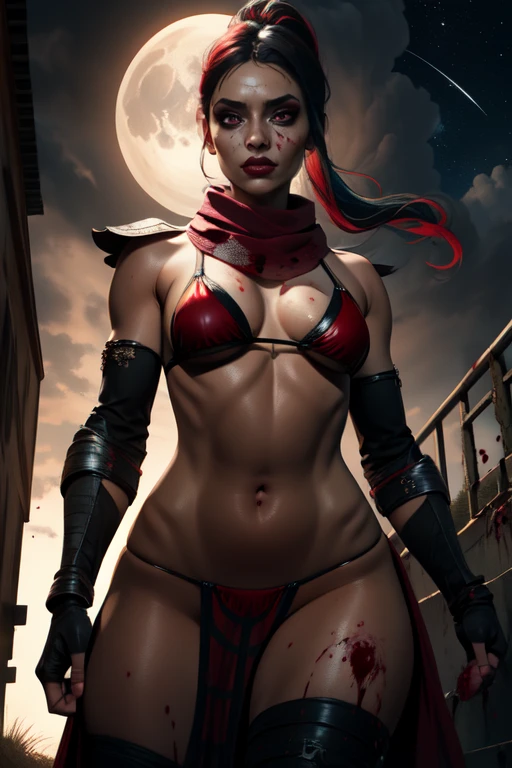 Skarlet,red eyes ,black hair,multicolored hair,toned,navel, ponytail, close up, face focus,
SkarNin,,fingerless gloves,scarf ,boots ,pelvic curtain , red bikini, gauntlets,
from below, open bridge, stars, cloudy, moon, blood splatters on skin,
(insanely detailed, beautiful detailed face, masterpiece, beautiful detailed eyes, best quality)
<lora:Skarlet-10v3:0.8>