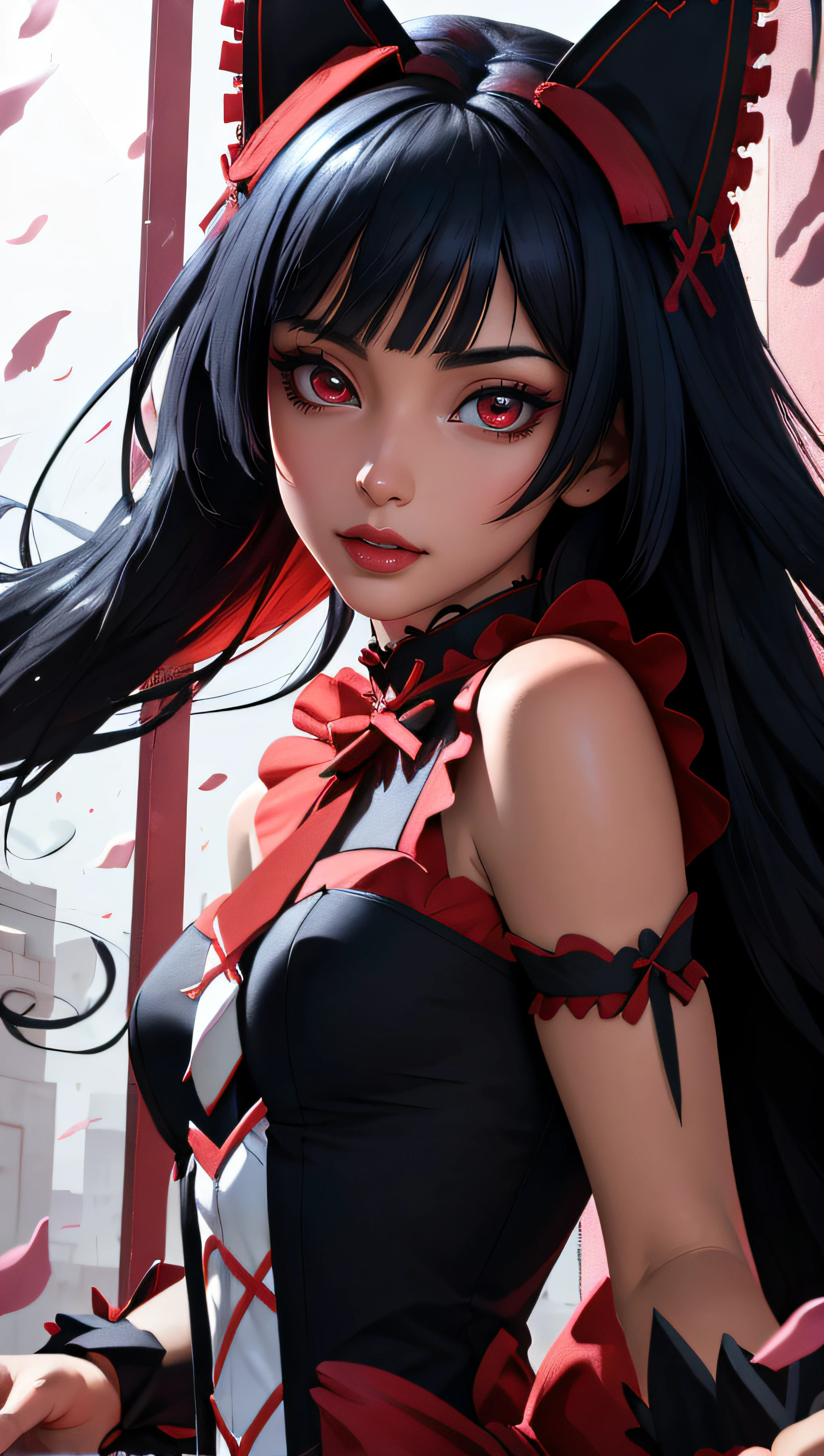 (best quality, masterpiece, colorful, dynamic angle, highest detailed)(Rory Mercury, Gate) upper body professional photo, award winning fashion photography of sexy, intense black long hair, big red eyes (ultra high detailed) Rory Mercury  <lora:rory2:1>, cat ears, flirting, bokeh, (intricate details, hyperdetailed:1.15), detailed, sunlight passing through hair (official art, colorful background, extreme detailed, highest detailed),