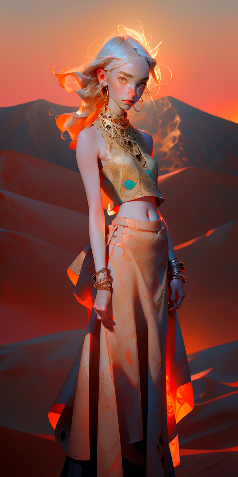 (masterpiece, best quality), 1girl, desert, sandstorm, traditional clothes, upper body, (intricate, print), navel, sleeveless, looking at viewer, freckles, jewelry, skirt,