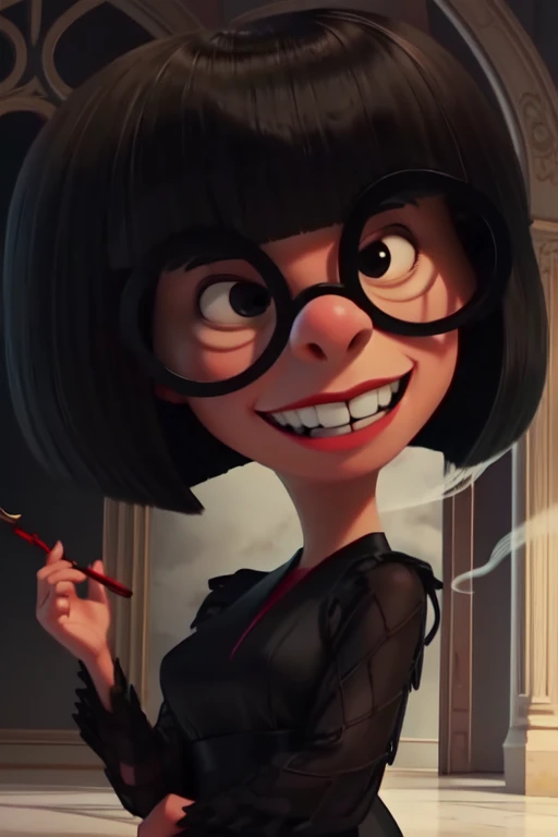 Edna, black bob cut,round black-framed eyewear,black eyes,blunt bangs, solo, grin,
upper body, standing, black dress, holding smoke pipe,
large mansion, windows,
(insanely detailed, beautiful detailed face, masterpiece, best quality) cinematic lighting,
<lora:Edna:0.8>