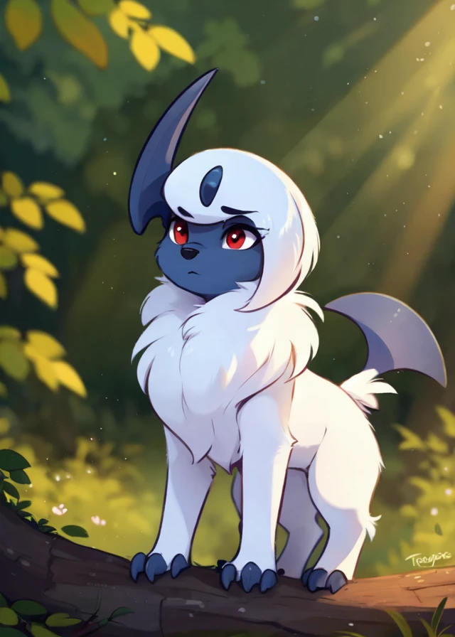 <lora:Y1-Furry-Eeveelution:0.75>,
uploaded on e621, ((by Haps, by Reysi, by Mewgle, by Trevart)),
solo chibi (quadruped feral:1.4) ((Absol)) with ((white body)) and ((grey blue face)) and ((neck fur tuft)) and (grey blue claws) and ((clear dark red eyes)), ((chibi)),
(detailed Absol), ((detailed fluffy fur)),
(three-quarter portrait, looking away, side view, [low-angle view]:1.2),
BREAK,
(detailed background, depth of field, half body shadow, sunlight, ambient light on the body),
(intricate:0.7), (high detail:1.2), (unreal engine:1.3), (soft focus:1.1),
[explicit content, questionable content], (masterpiece, best quality, 4k, 2k, shaded, absurd res)