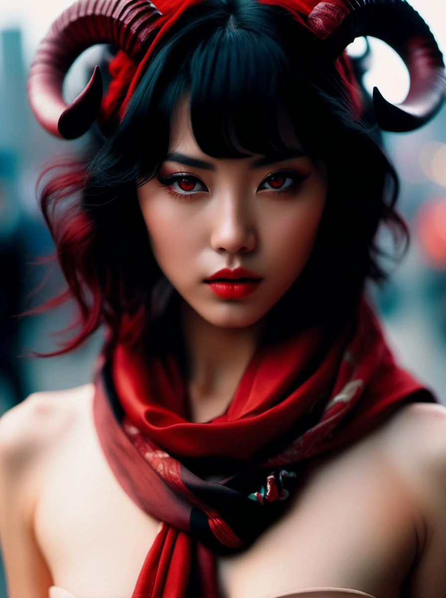 photograph, Neo-Tokyo nude_young_female_demon, red skin tone, dark eyesLight hair styled as Wavy, Horns, Scarf, Lonely, hell, fire, Decopunk, film grain, Phase One XF IQ4 150MP, 35mm, art by Bojan Jevtic