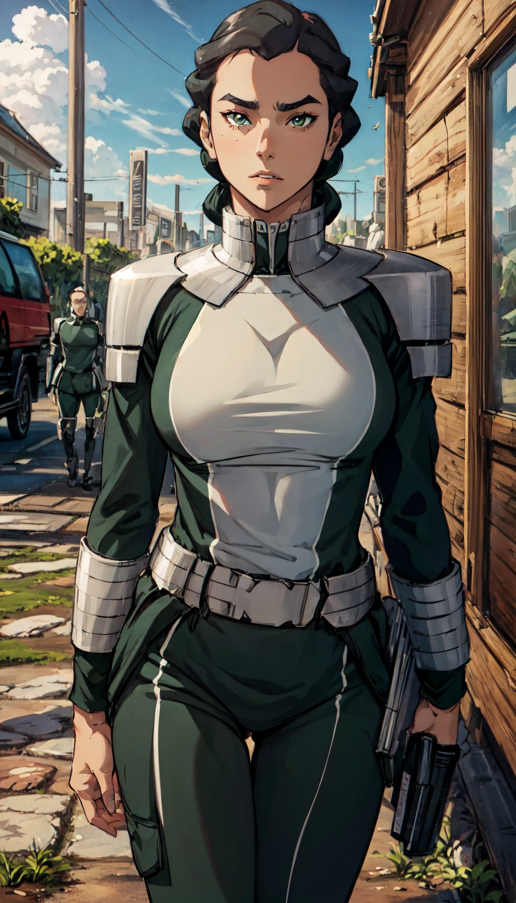 (upper-body shot, masterpiece, best_quality, ultra-detailed, immaculate:1.3), epic, illustration,
BREAK
<lora:KuvTLOK_Cosine-000022:0.9> KuvTLOK, green eyes, hair bun, serious expression, posing for photo, medium breasts, green uniform, metal armor, green pants,
<lora:more_details:0.5>
BREAK
garden