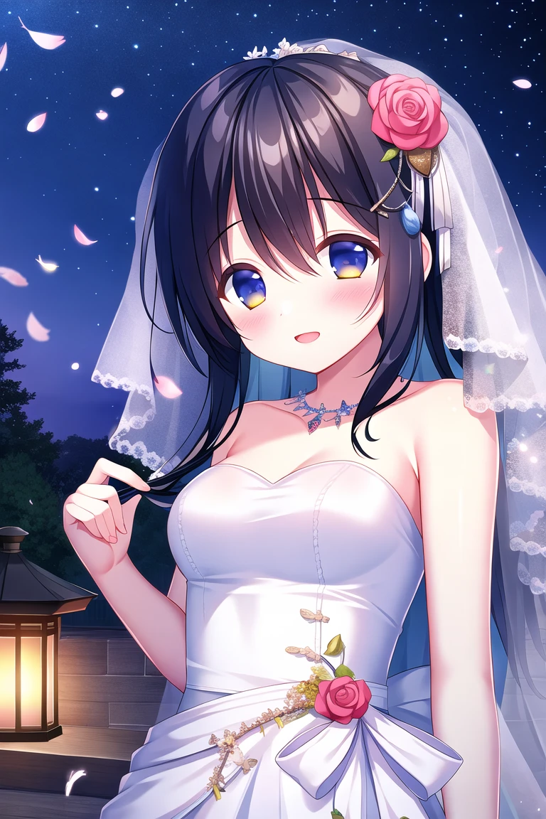 absurdres, high quality, game cg, 1girl, long hair, wedding dress, outdoors, night sky, falling feathers, upper body