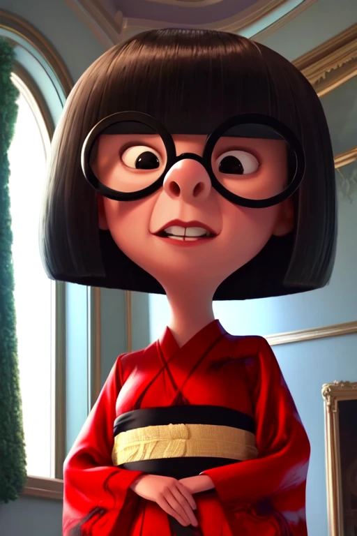 Edna, black bob cut,round black-framed eyewear,black eyes,blunt bangs, solo, 
red kimono,  upper body,   standing, 
large mansion,  windows, 
 (insanely detailed, beautiful detailed face, masterpiece, best quality) cinematic lighting, 
 <lora:Edna:0.8>