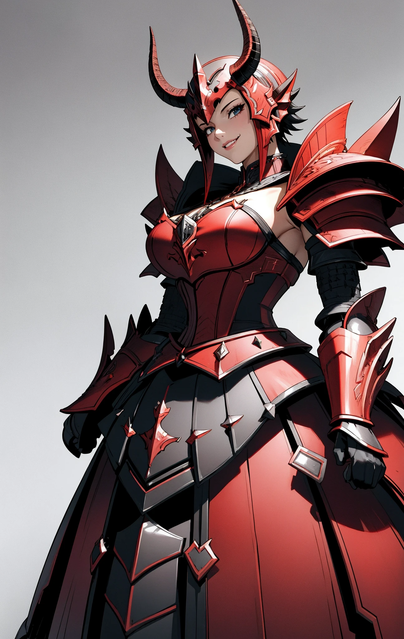 ((Masterpiece, best quality)),edgQuality
smiling,smug,
ballgown,edgRathArmor, solo, simple background, woman, horns, belt, armor, helmet, shoulder armor, gauntlets, spikes, pauldrons,monster hunter (character) ,wearing [edgRathArmor|ballgown]
 <lora:edgRathalosGowns:1>