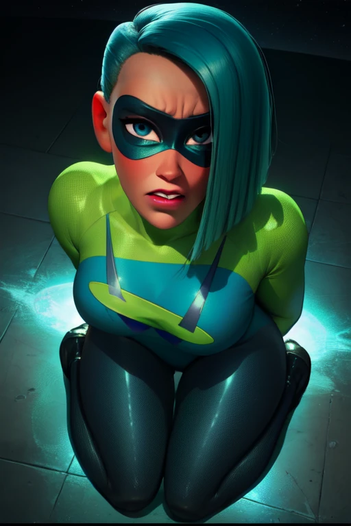 Voyd,blue hair, blue eyes ,short hair, lips, nervous,  buck teeth,   cameltoe,    cleavage,  arms behind back,   leaning forward,  sad, 
VoySui, black domino mask multicolored ,bodysuit, boots, skin tight, green sleeves,  kneeling,  from above, 
magical blue portals, stars,  solo, 
(insanely detailed, beautiful detailed face, masterpiece, best quality) cinematic lighting, 
 <lora:Voyd-10V4:0.9>