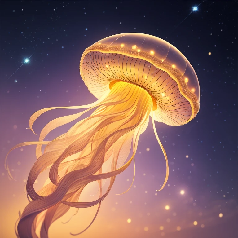 intricate detailing,photorealism,hyperrealistic, glowing jellyfish mushroom ,flying,  starry sky, bokeh, golden ratio composition