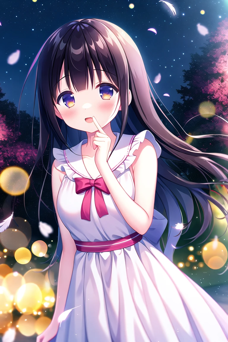 absurdres, high quality, game cg, 1girl, houraisan kaguya, evening gown, frilled dress, frills, outdoors, night sky, falling feathers, upper body, light particles, bokeh, chromatic aberration,