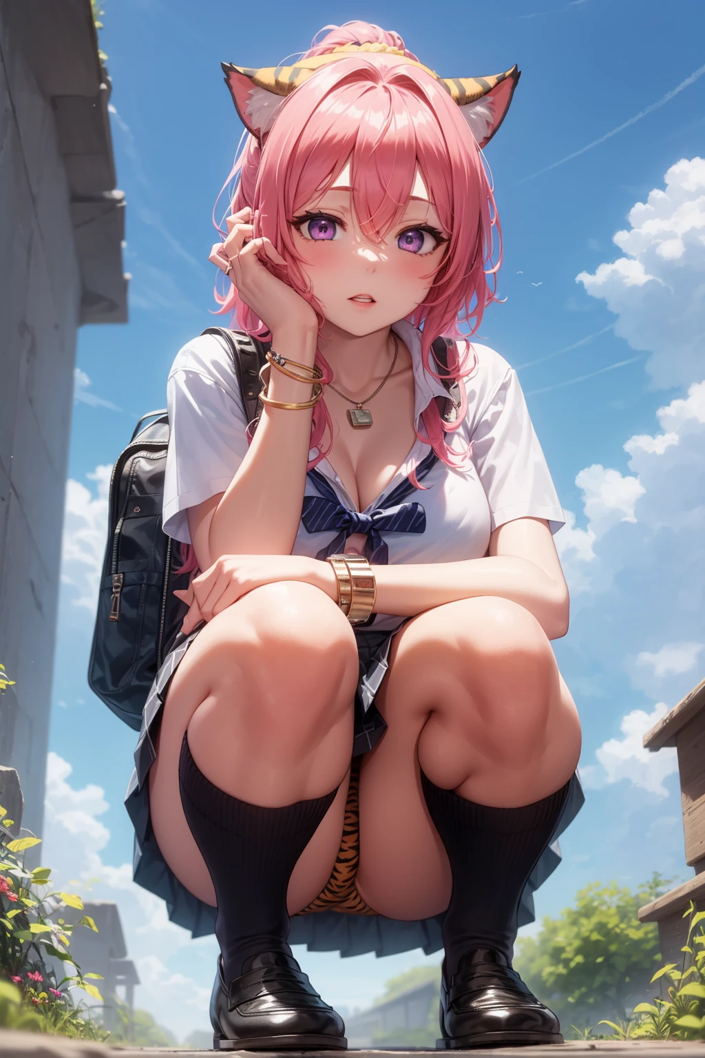 <lora:pose squating:1> ,1girl, solo, underwear, jewelry, panties, animal ears, squatting, pink hair, bracelet, necklace, loafers, socks, skirt, kneehighs, breasts, tiger ears, bag, day, shoes, sky, school bag, school uniform, cleavage, cloud, outdoors, looking at viewer, pantyshot, tiger print, animal print, pleated skirt, ponytail, bow, black socks, page number, blue sky, can, bowtie, purple eyes, scrunchie, shirt, long hair, hair between eyes, artist name, parted lips, cloudy sky, short sleeves, head rest, bangs, collarbone, large breasts, hair scrunchie, upskirt