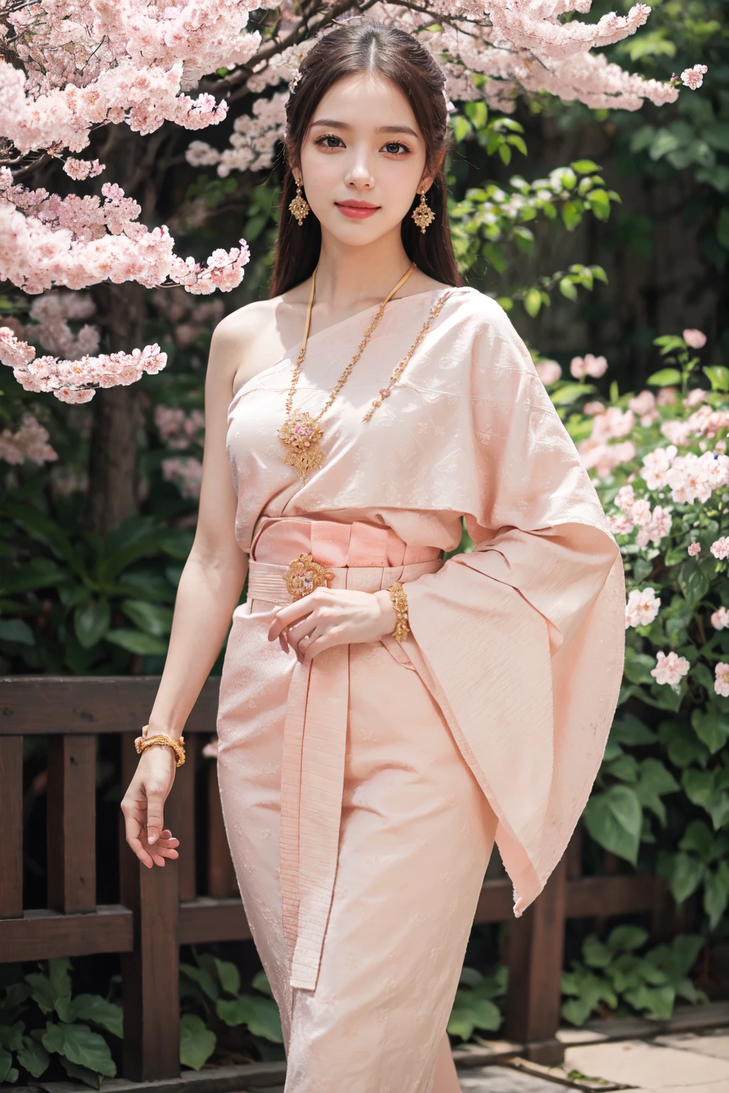 (realistic),(masterpiece:1.2), (best quality:1.2),looking at viewer,dramatic pose,(walking in sakura garden:1.2),golden hour,dim light,rim light,(sakura:1.2),
1girl,(pink sabai),(jewelry:1.2),long hair,(linekanok pattern:1.25)
, <lora:sabai6:0.8> <lora:linevichit3:0.7>