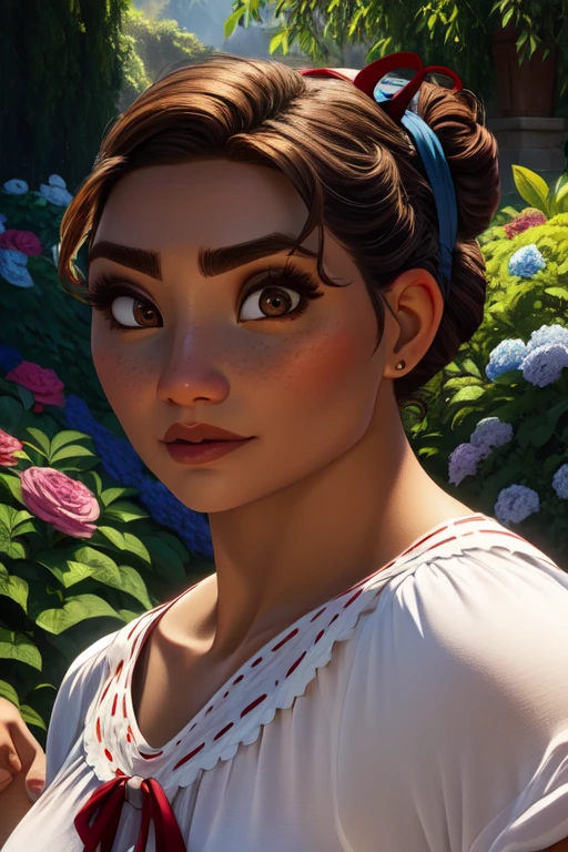 Luisa , brown hair, hair bun with red ribbon, brown eyes, upper body, close up, muscular,
LuDres ,white shirt, long blue decorated skirt, blue sandals, bracelets,
garden, stone bridge, morning,
(insanely detailed, beautiful detailed face, masterpiece, best quality) <lora:LuisaMadriga:0.8>