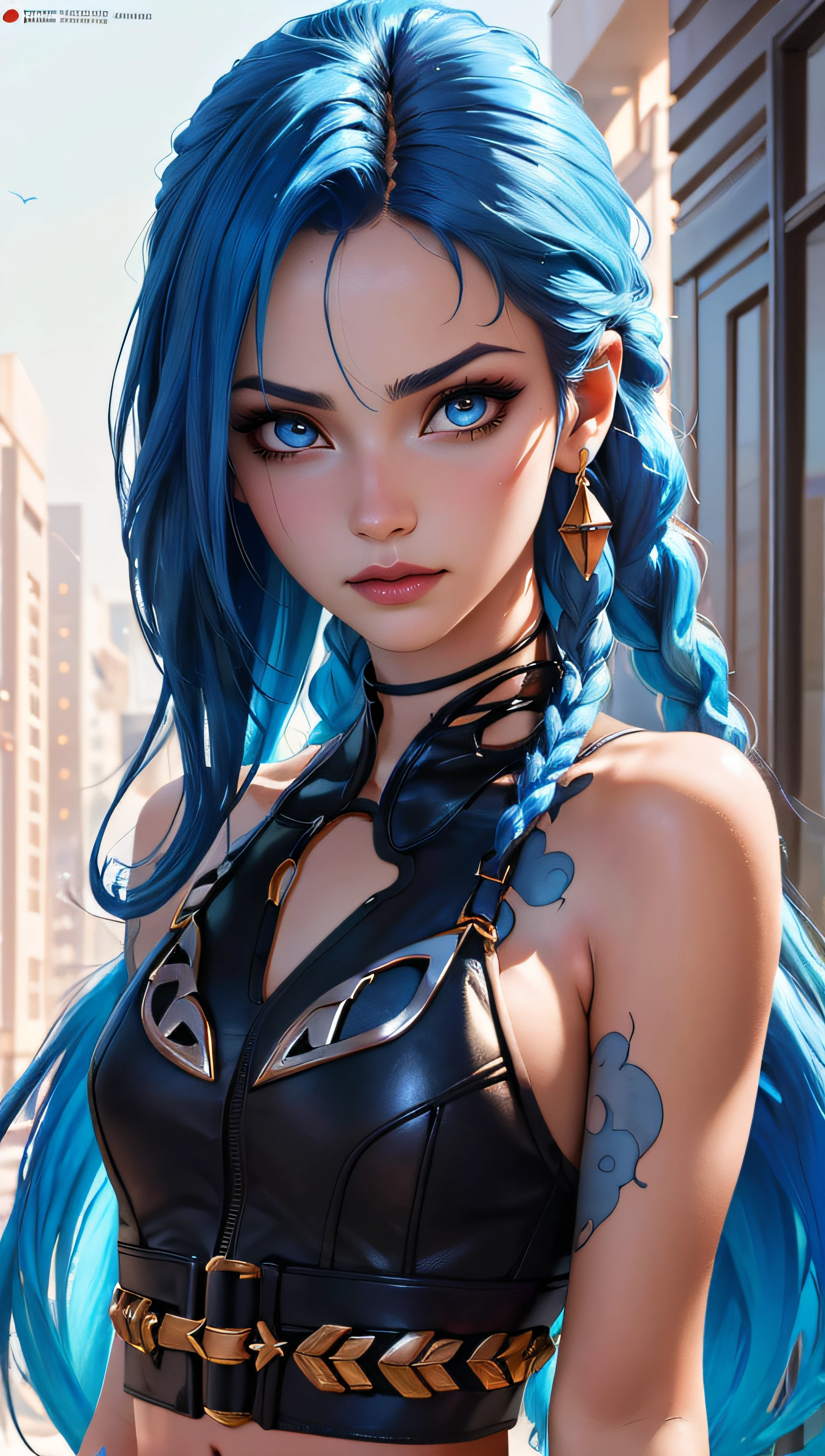 (best quality, masterpiece, colorful, dynamic angle, highest detailed)(Jinx, Legue of Legends, Arcane) upper body professional photo, award winning fashion photography of sexy, intense blue long hair, Jinx  <lora:jinxLeagueOfLegends_v10:1>, Legue of Legends, Arcane, flirting, bokeh, (intricate details, hyperdetailed:1.15), detailed, sunlight passing through hair (official art, colorful background, extreme detailed, highest detailed),