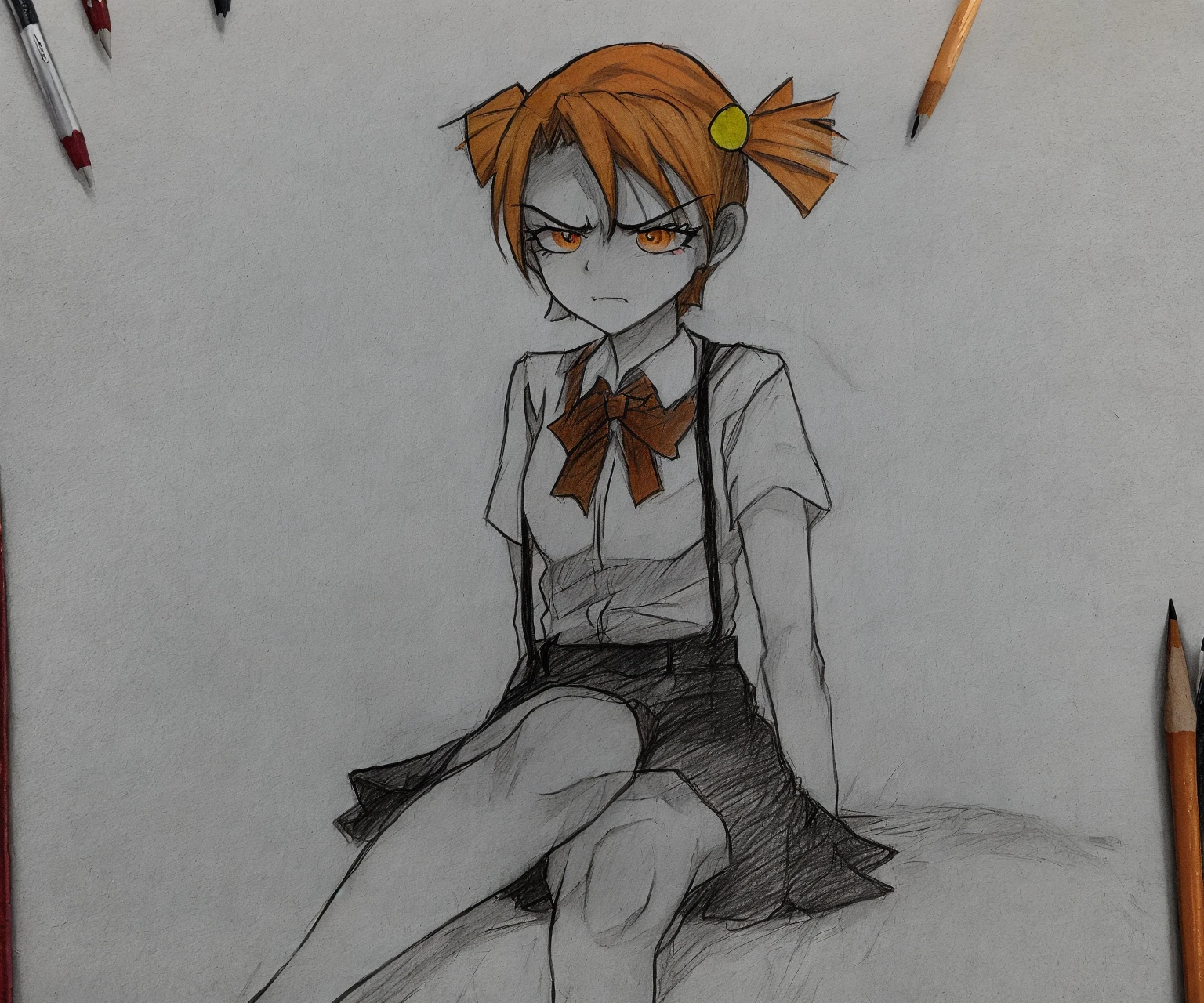 (pencil sketch:1.3), AliceDV, 1girl, solo, orange hair, skirt, orange eyes, twintails, short hair, shirt, hair ornament, suspenders, short twintails, white shirt, suspender skirt, high-waist skirt, sitting, posing, ribbon, bow, (traditional media:1.2),( flat colors:1.2), (angry:1.1), white background