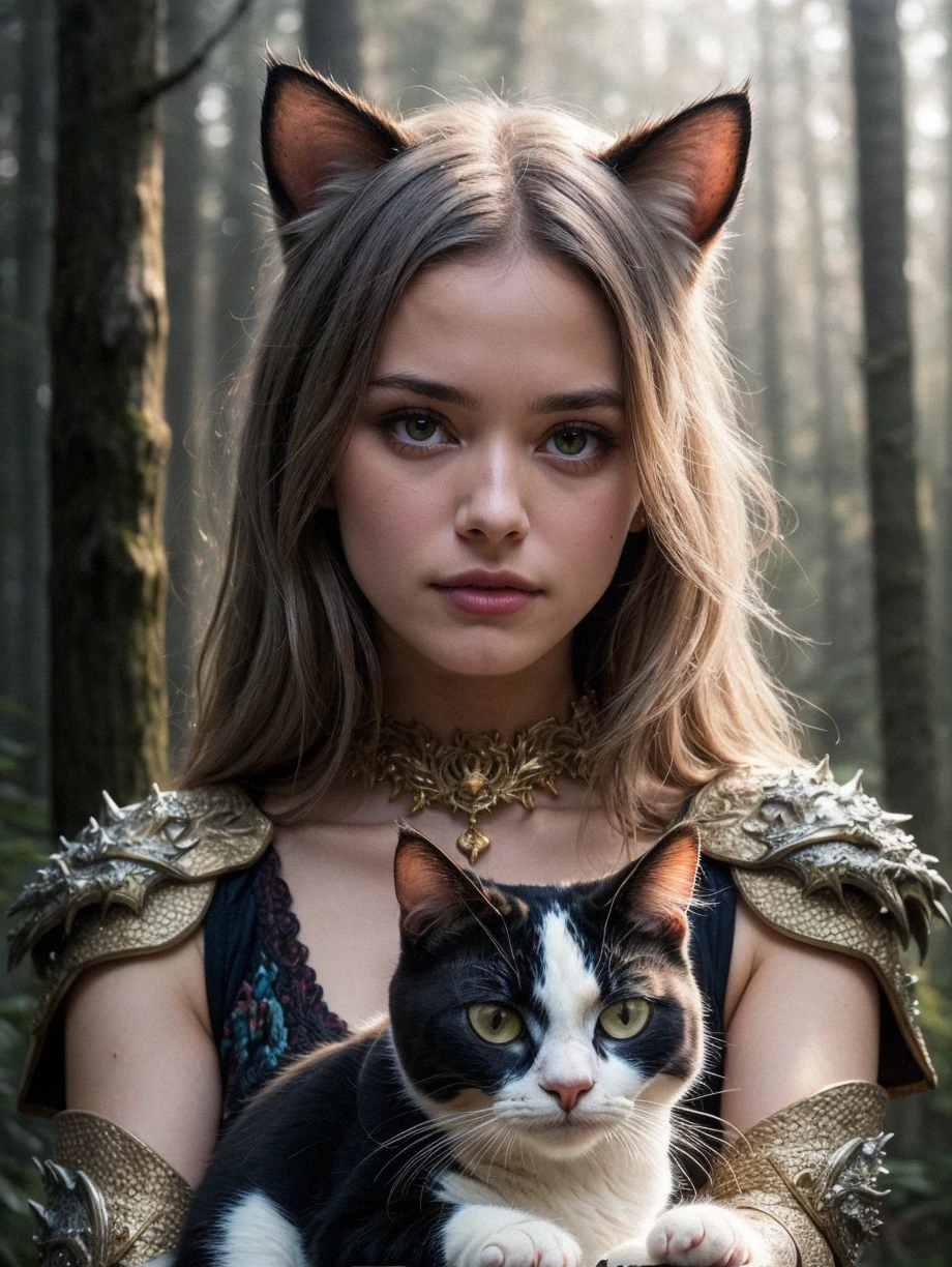 girl holding cat, cat ears, chibi, blue, gold, white, purpple, dragon scaly armor, forest background, fantasy style, (dark shot:1.17), epic realistic, faded, ((neutral colors)), art, (hdr:1.5), (muted colors:1.2), hyperdetailed, (artstation:1.5), cinematic, warm lights, dramatic light, (intricate details:1.1), complex background, (teal and orange:0.4), colorfull, (natural skin texture, hyperrealism, soft light, sharp:1.2), (intricate details:1.12), hdr, (intricate details, hyperdetailed:1.15), white hair,