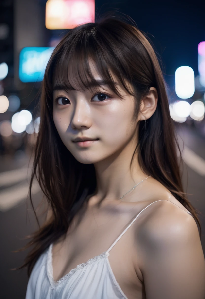 jpn-girl, 
Professional portrait photography of the face of a beautiful girl with (glossy nude lips) with black eyes, Nikon Z9, looking at the camera, realistic matte skin, highly detailed, skin texture visible,
19  yo, 
1girl,front face,
messy hair  ,
woman wearing dress,
blurry background,  
in shibuya night view,
<lora:jpn-girl_v1:0.75>