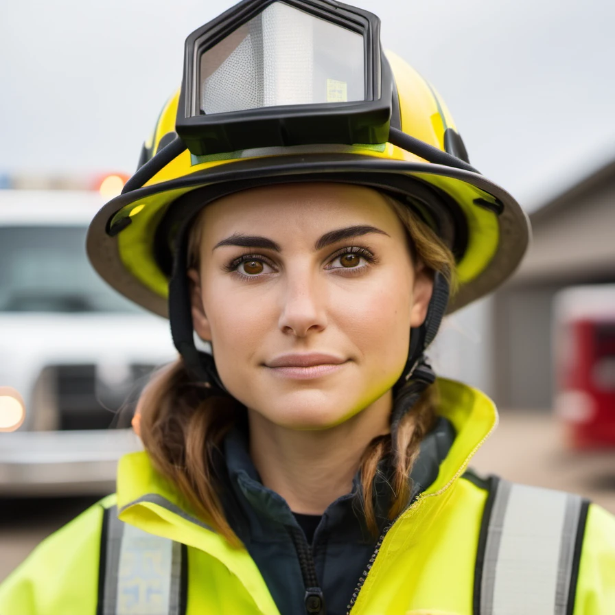 Masterpiece, realistic:2,4k,uhd,girl 25y.o,(firefighter), cinematic light, looking good face, looking good body
