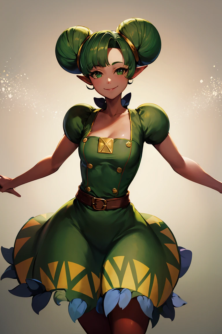 ((masterpiece,best quality)), absurdres, <lora:Farore_Zelda:0.9>, Farore_Zelda, solo, smiling, looking at viewer, cowboy shot, cinematic composition, dynamic pose, double bun, green dress,