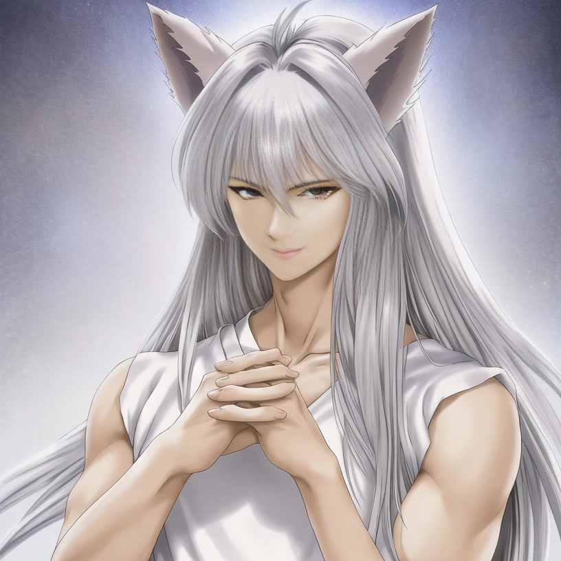 anime character, masterpiece, detailed face, soft skin, best quality, ultra HD, long hair, animal ears, silver hair, white clothes, fit asian male, standing inside a photograph studio, ((beautiful hands)), detailed face, neutral background, gentle smile, <lora:YoukoKuramaV01:0.7>