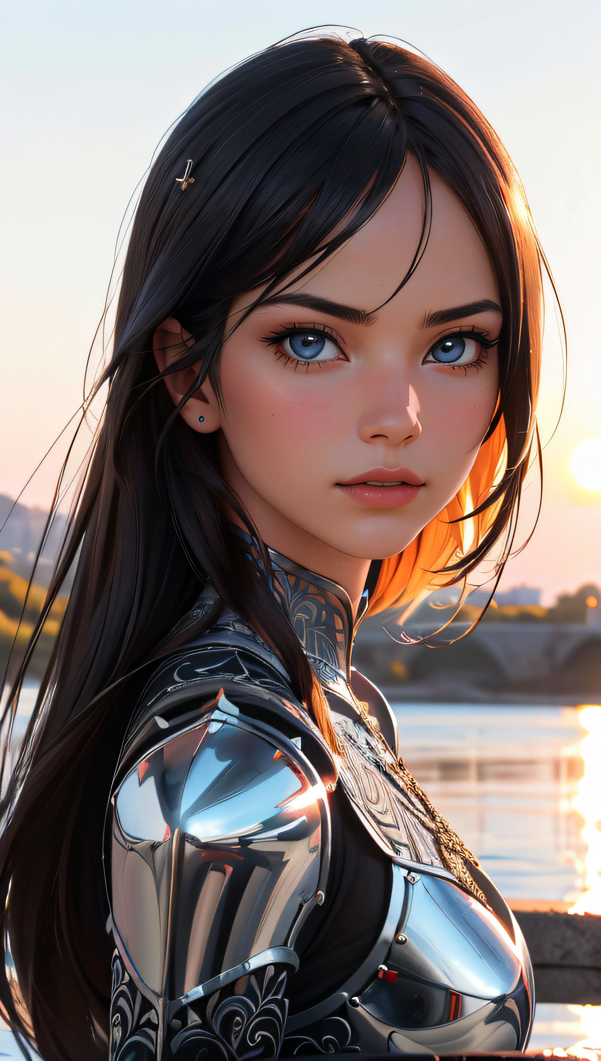 Portrait of a girl, the most beautiful in the world, (medieval armor), metal reflections, upper body, outdoors, intense sunlight, far away castle, professional photograph of a stunning woman detailed, sharp focus, dramatic, award winning, cinematic lighting, volumetrics dtx, (film grain, blurry background, blurry foreground, bokeh, depth of field, sunset, interaction, Perfectchainmail), (masterpiece), (extremely intricate:1.3), (ultra realistic),