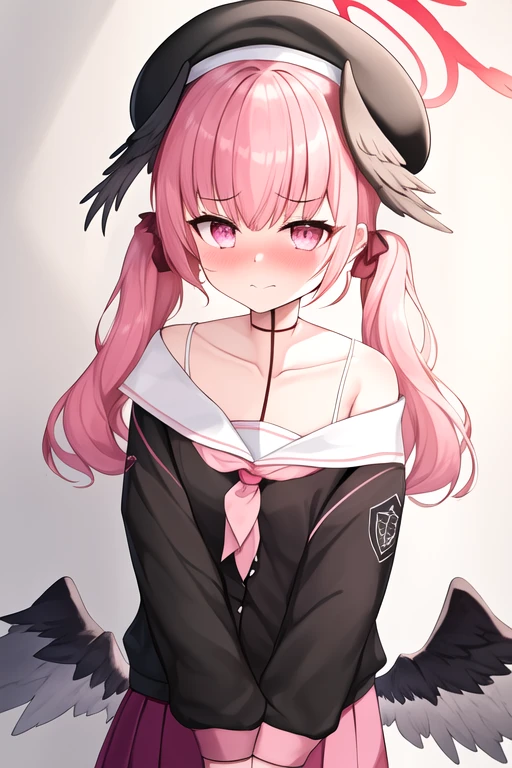 masterpiece, best quality, highres, 1girl, solo, {koharu_bluearchive:1.10}, head_wings, pink_hair, twintails, wings, blush, black_wings, pink_eyes, bangs, halo, feathered_wings, hat, beret, black_headwear, low_wings, long_hair, collarbone, closed_mouth
