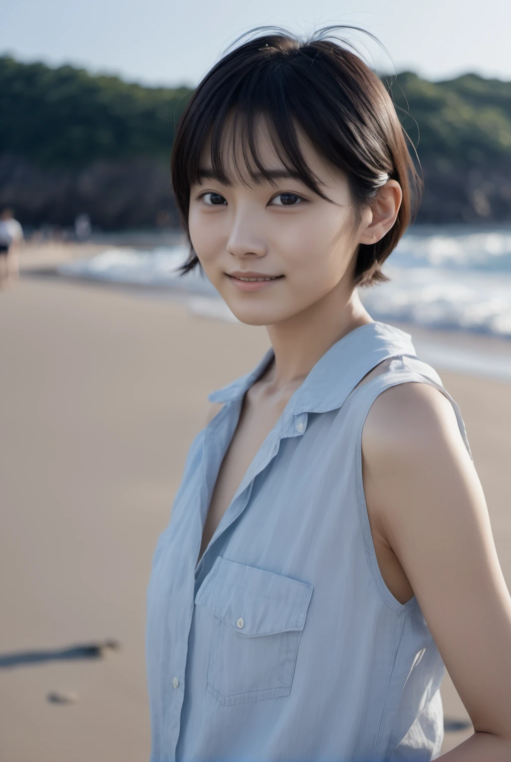 jpn-girl, Professional portrait photography of the face of a beautiful girl with (glossy lips) with black eyes, Nikon Z9, looking at the camera, realistic matte skin, highly detailed, skin texture visible, 20 yo, 1girl, short hair , woman wearing casual clothes, blurry background, in beach, shiny skin, sunlight,