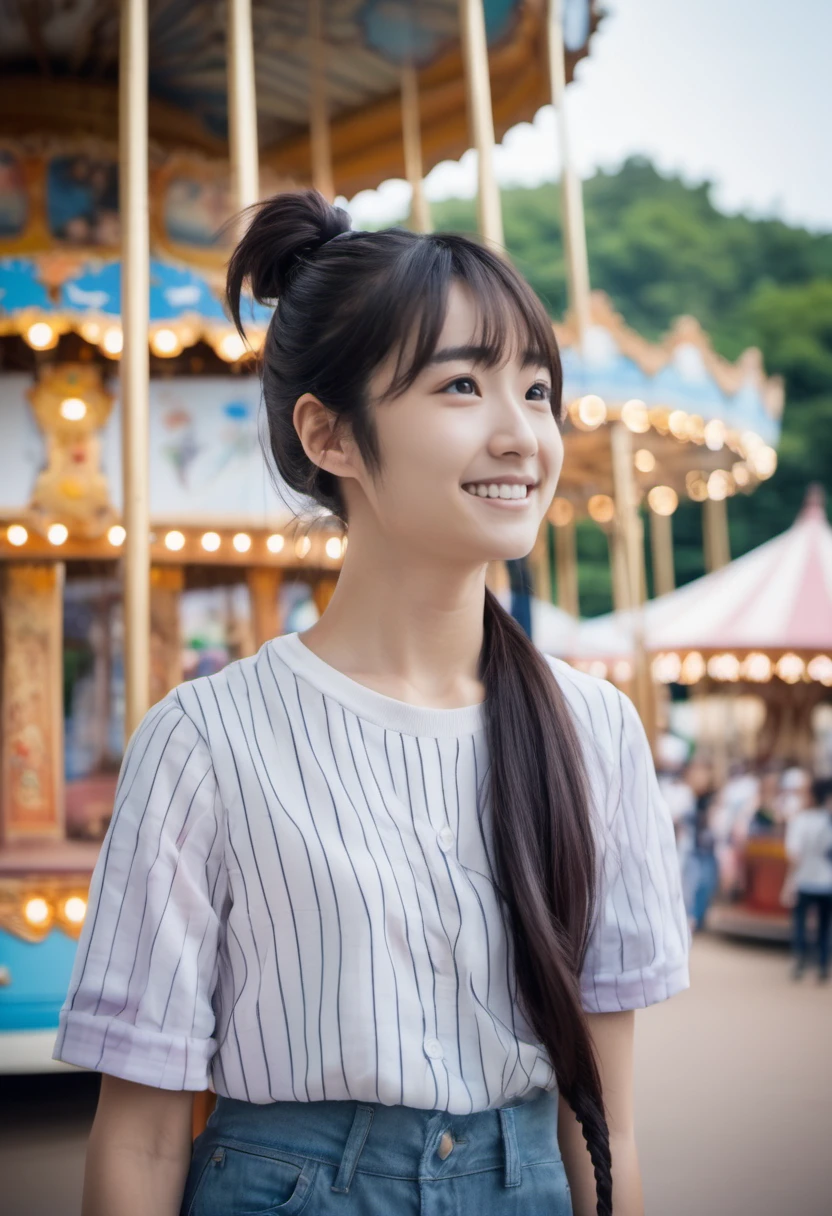jpn-girl,black eyes, Nikon Z9, realistic matte skin, highly detailed, skin texture visible, 20 yo, 1girl, woman wearing casual clothes, blurry background, 
ponytail , 
balancing  at 
 Vintage carousel in an amusement park  ,
holding hair 
 <lora:jpn-girl_v1:0.65>