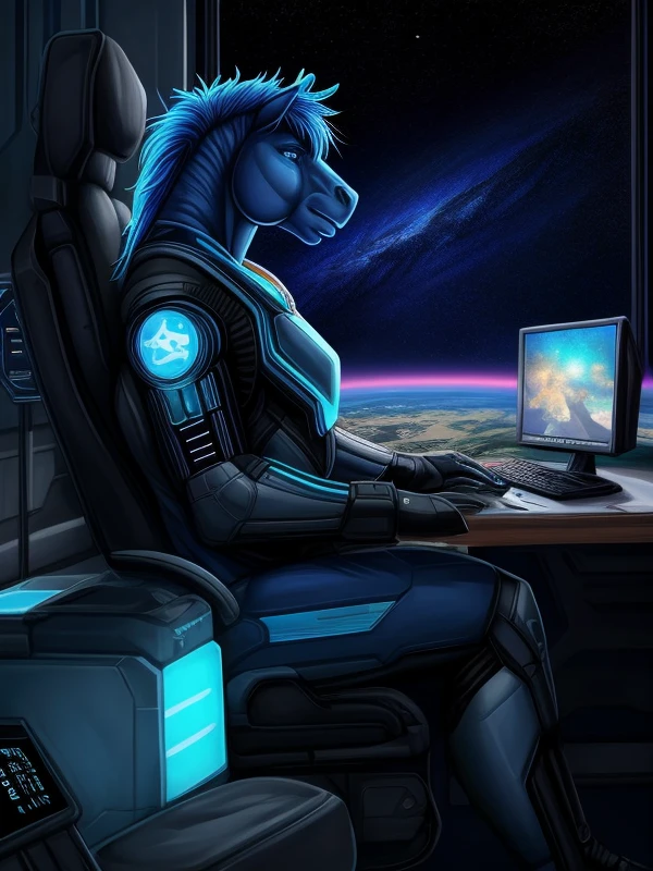 painting, horse blue hair, using space pressurized suit, cyberpunk art, space art