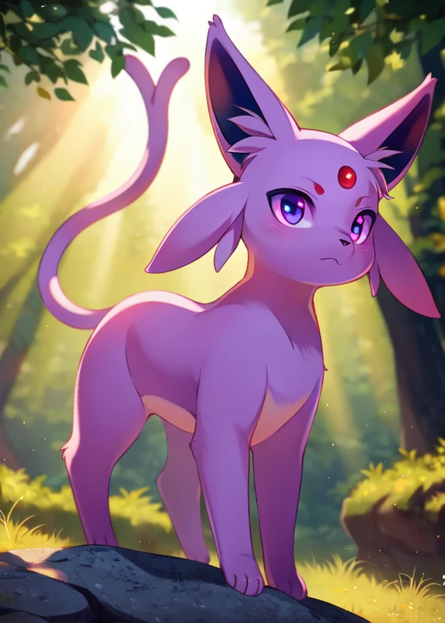 <lora:Y1-Furry-Eeveelution:0.75>,
uploaded on e621, ((by Fumiko, by Makoto Shinkai, by Kaeritai07)),
solo chibi (quadruped feral:1.4) ((Espeon)) with ((light medium purple body)) and ((clear violet eyes)),
((purple cheek tuft)) and (long ears) and ((long cat tail)),
(detailed Espeon), ((detailed fluffy fur)),
(full-length portrait, looking away, three-quarter view, [low-angle view]:1.2),
BREAK,
(detailed background, depth of field, half body shadow, sunlight, ambient light on the body),
(intricate:0.7), (high detail:1.2), (unreal engine:1.3), (sharp focus:1.1),
[explicit content, questionable content], (masterpiece, best quality, 4k, 2k, shaded, absurd res)