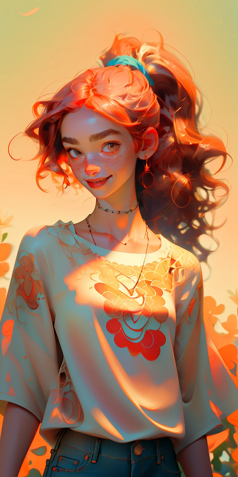 (masterpiece, best quality), 1girl, collarbone, wavy hair, looking at viewer, upper body, necklace, contemporary, jeans, ((intricate, print)), ponytail, freckles, red hair, dappled sunlight, smile, happy, flower field, outdoors