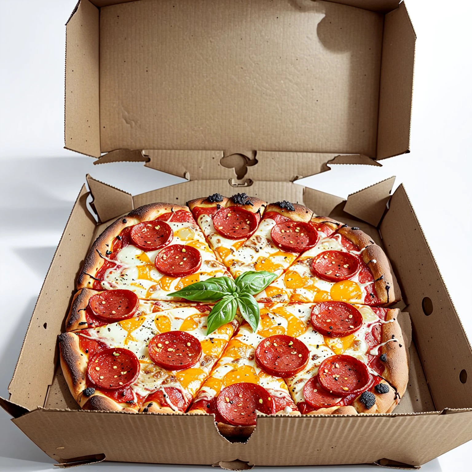 (masterpiece, best quality), delicious food, close up, square box, pizza box, american food, pepperoni pizza, greasy, steaming, cheese, hot,