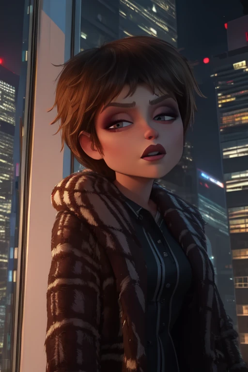 Evelyn,short brown hair,makeup,eyes half open,upper body,looking at viewer,black stripped open coat,black pajamas,
in tall building,skyscraper,window,stars,nighttime,
(insanely detailed, beautiful detailed face, masterpiece, best quality) cinematic lighting,
<lora:Evelyn-10v4:0.8>,